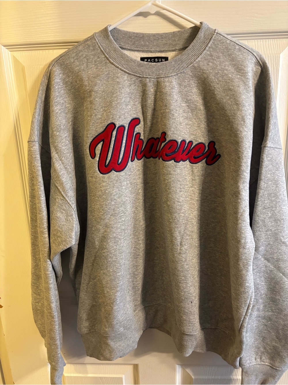 PacSun Men’s Gray Crewneck Sweatshirt with Red Script 'Whatever'